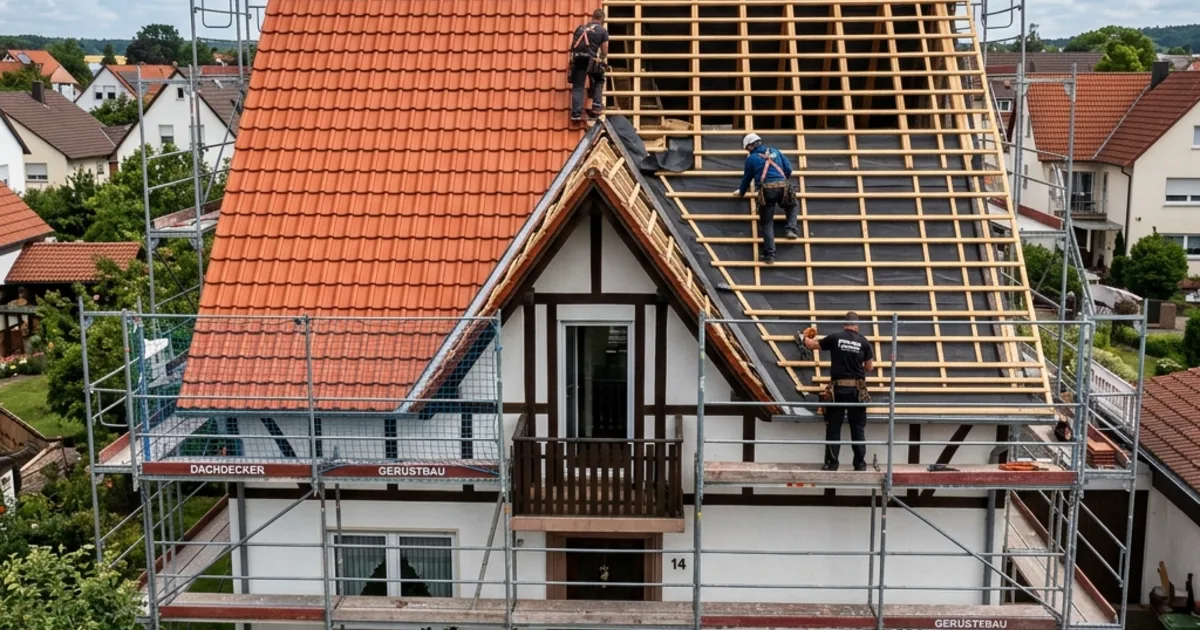 Dachsanierung in Arbeit — Dachdecker verlegen neue Ziegel auf einem Einfamilienhaus