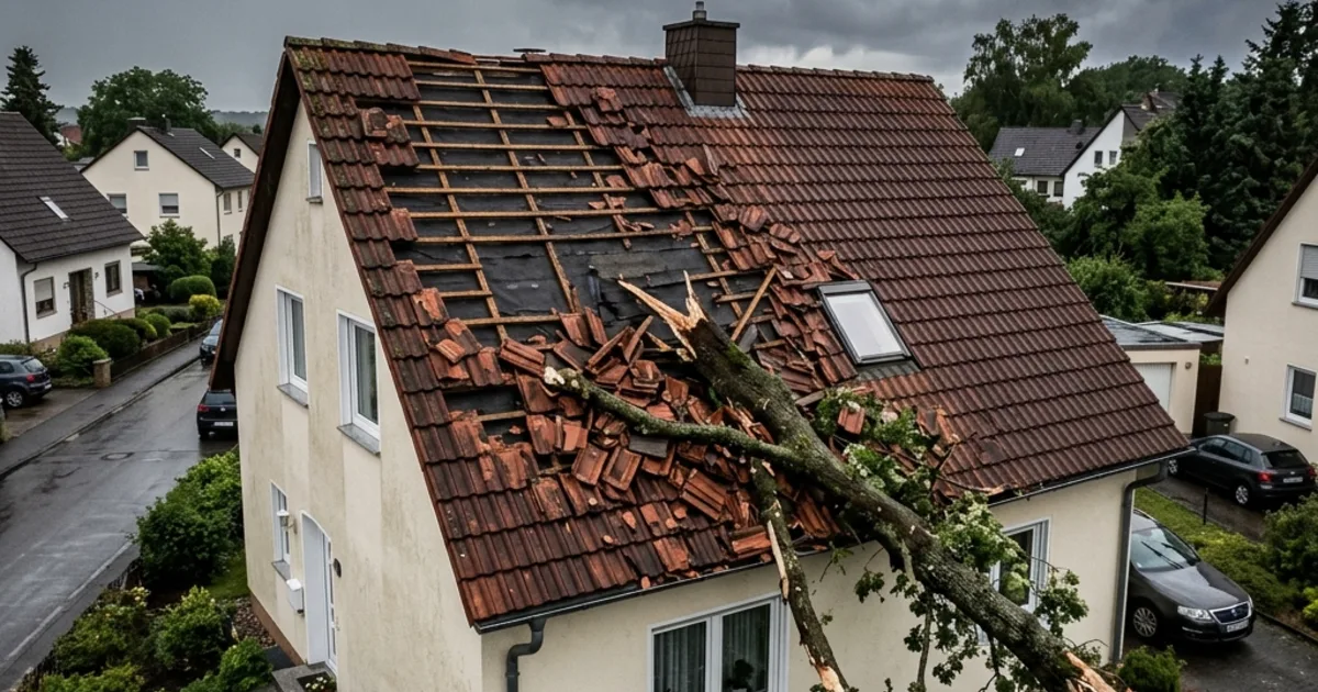 Sturmschaden am Dach — Zerbrochene Ziegel und umgestürzter Baum auf einem Wohnhaus